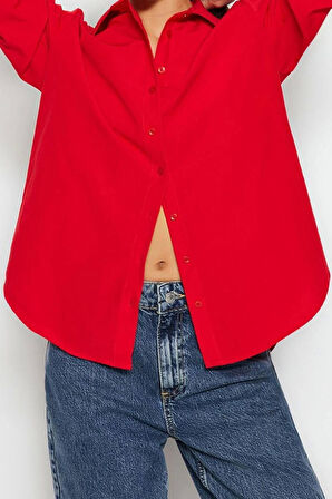 Moda Kadın Gömlek Yaka Düz Desen Günlük Loose Fit Dokuma Gömlek