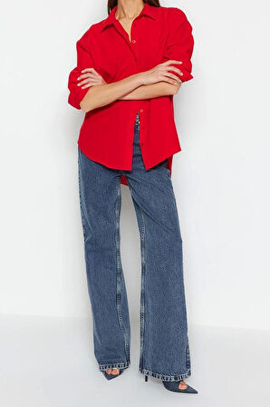 Moda Kadın Gömlek Yaka Düz Desen Günlük Loose Fit Dokuma Gömlek