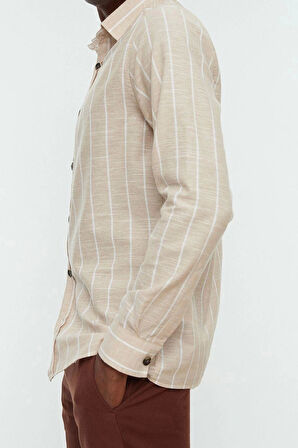 Şık Çizgili Desen Gömlek Yaka Erkek Regular Fit Gömlek Yaka Çizgili Gömlek