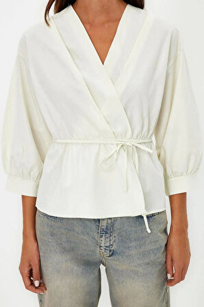 Moda Kruvaze Dokuma Regular Düz Desen Casual Günlük Regular Uzun Kol Bluz