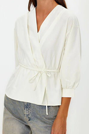 Moda Kruvaze Dokuma Regular Düz Desen Casual Günlük Regular Uzun Kol Bluz