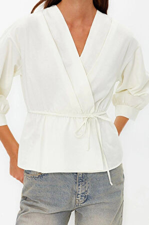 Moda Kruvaze Dokuma Regular Düz Desen Casual Günlük Regular Uzun Kol Bluz