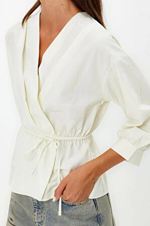 Moda Kruvaze Dokuma Regular Düz Desen Casual Günlük Regular Uzun Kol Bluz