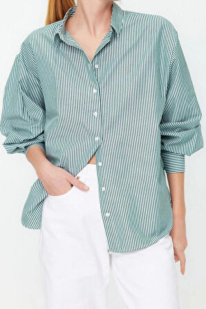 Moda Kadın Gömlek Yaka Çizgili Desen Günlük Basic Çizgili Oversize Geniş Kalıp Dokuma Gömlek