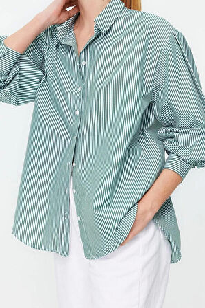 Moda Kadın Gömlek Yaka Çizgili Desen Günlük Basic Çizgili Oversize Geniş Kalıp Dokuma Gömlek