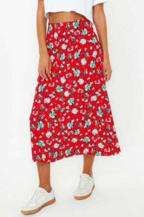 Moda Regular Retro Desen Günlük Midi Boy Viskon Kumaşlı Midi Boy Dokuma Etek