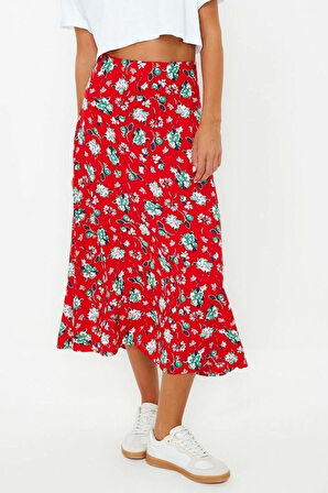Moda Regular Retro Desen Günlük Midi Boy Viskon Kumaşlı Midi Boy Dokuma Etek