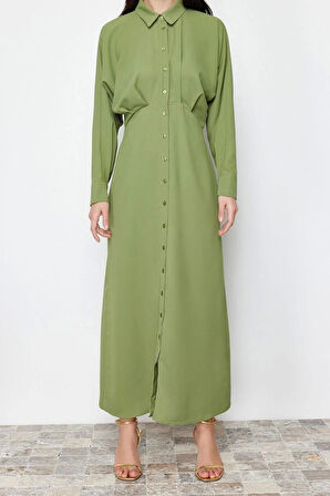 Moda Regular Günlük Jessica Dokuma Gömlek Yaka Uzun Kol Gömlek Elbise Maxi Boy Tesettür Elbise