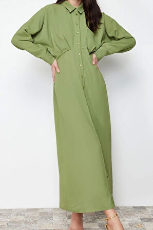 Moda Regular Günlük Jessica Dokuma Gömlek Yaka Uzun Kol Gömlek Elbise Maxi Boy Tesettür Elbise