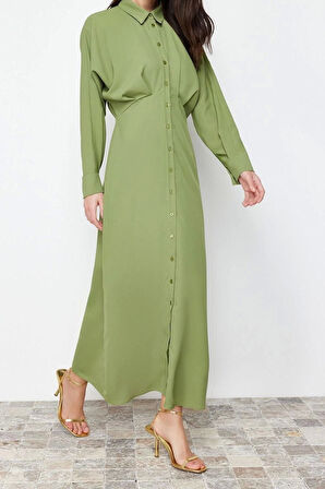Moda Regular Günlük Jessica Dokuma Gömlek Yaka Uzun Kol Gömlek Elbise Maxi Boy Tesettür Elbise