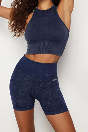 Moda Halter Yaka Örme Fit Düz Desen Sportswear Crop Kolsuz Bluz