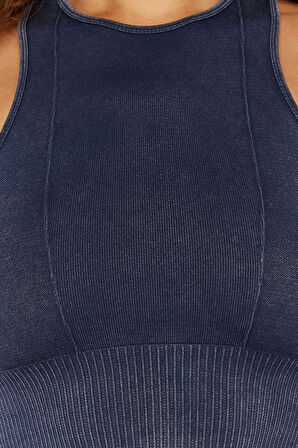 Moda Halter Yaka Örme Fit Düz Desen Sportswear Crop Kolsuz Bluz