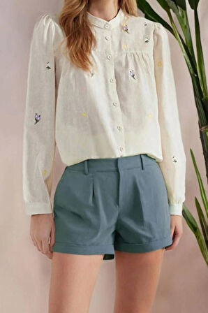 Moda Kadın Dik Yaka Tropikal Desen Günlük Nakış Detaylı Regular Normal Kalıp Dokuma Gömlek