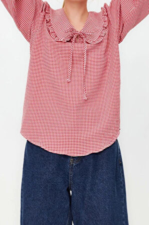 Moda Bebe Yaka Dokuma Regular Ekose / Kareli Desen Casual Günlük Regular Uzun Kol Bluz