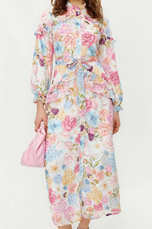 Moda Stil Regular Dik Yaka Maxi Boy Tesettür Çiçekli Fırfır Detaylı Astarlı Dokuma Şifon Elbise