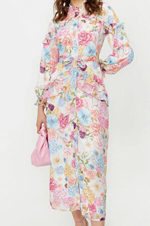 Moda Stil Regular Dik Yaka Maxi Boy Tesettür Çiçekli Fırfır Detaylı Astarlı Dokuma Şifon Elbise