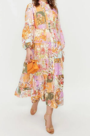 Moda Regular Günlük Keten Görünümlü Dokuma Hakim Yaka Uzun Kol A-Line Maxi Boy Tesettür Elbise