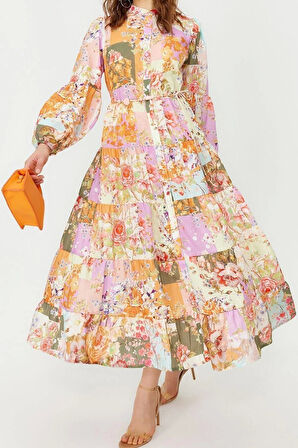 Moda Regular Günlük Keten Görünümlü Dokuma Hakim Yaka Uzun Kol A-Line Maxi Boy Tesettür Elbise