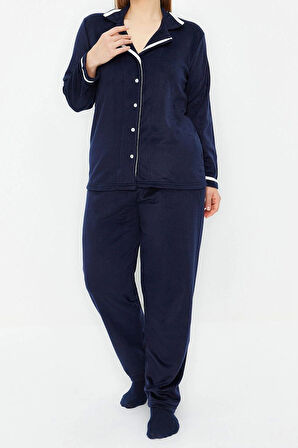 Tarz Rahat Büyük Beden Uzun Kollu Boru Paça Gömlek Yaka Biyeli Polar Örme Pijama Takımı