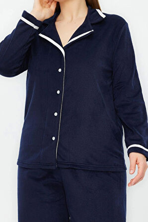 Tarz Rahat Büyük Beden Uzun Kollu Boru Paça Gömlek Yaka Biyeli Polar Örme Pijama Takımı