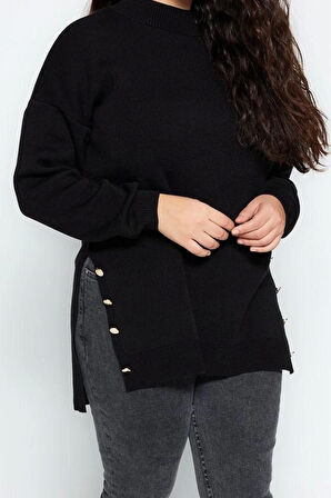 Büyük Beden Kadın Modern Tarz Rahat Uzun Balıkçı Yaka Düz Kol Uzun Triko Kazak