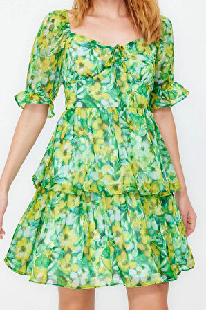 Kısa Kollu Carmen Yaka Çiçekli Eteği Volanlı Skater Belden Açılan Şifon Mini Astarlı Dokuma Elbise