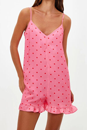 Kadın Moda Boru Paça V Yaka Puantiyeli Desen Kısa Puantiyeli İp Askılı Viskon Dokuma Tulum