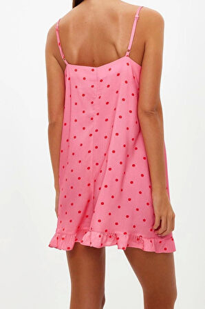 Kadın Moda Boru Paça V Yaka Puantiyeli Desen Kısa Puantiyeli İp Askılı Viskon Dokuma Tulum