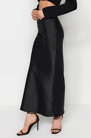 Moda Balık Düz Desen Günlük Midi Boy Balık Kesim Saten Maxi Boy Dokuma Etek