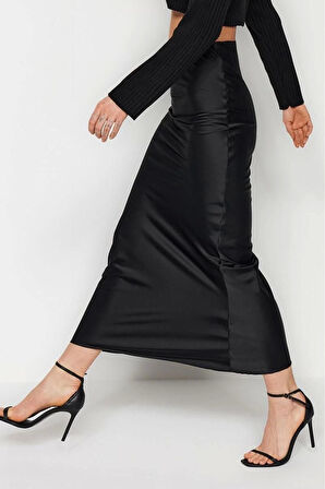 Moda Balık Düz Desen Günlük Midi Boy Balık Kesim Saten Maxi Boy Dokuma Etek