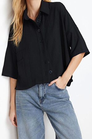 Moda Kadın Gömlek Yaka Düz Desen Günlük Oversize Geniş Kalıp Fakir Kol Dokuma Gömlek