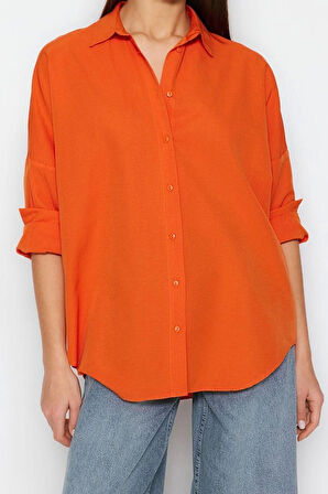 Moda Kadın Gömlek Yaka Düz Desen Günlük Pamuklu Oversize Geniş Kalıp Dokuma Gömlek