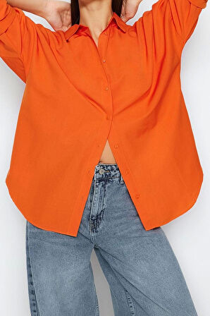 Moda Kadın Gömlek Yaka Düz Desen Günlük Pamuklu Oversize Geniş Kalıp Dokuma Gömlek