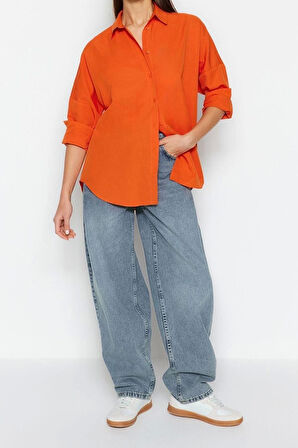 Moda Kadın Gömlek Yaka Düz Desen Günlük Pamuklu Oversize Geniş Kalıp Dokuma Gömlek