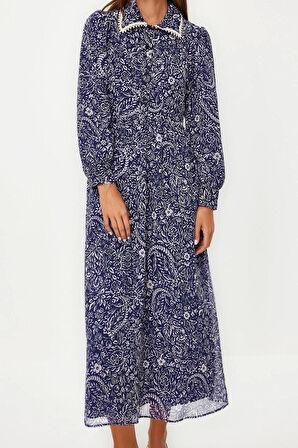 Moda Regular Şık Abiye Gece Şifon Dokuma Gömlek Yaka Uzun Kol A-Line Maxi Boy Tesettür Elbise