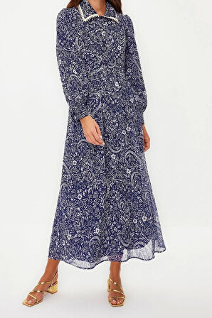 Moda Regular Şık Abiye Gece Şifon Dokuma Gömlek Yaka Uzun Kol A-Line Maxi Boy Tesettür Elbise