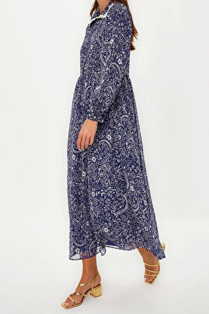 Moda Regular Şık Abiye Gece Şifon Dokuma Gömlek Yaka Uzun Kol A-Line Maxi Boy Tesettür Elbise