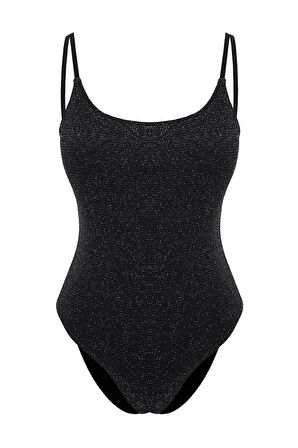 Kadın Moda Atma Kap Askılı Brief Yaka Siyah Simli Regular Mayo