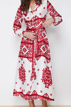 Moda Stil Regular Gömlek Yaka Maxi Boy Tesettür Dokuma Saten Desenli Gömlek Abiye Elbise