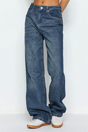 Stil Kadın Moda Denim Kot Pantolon Regular Geniş Paça Mavi Soluk Vintage Yüksek Bel Jeans