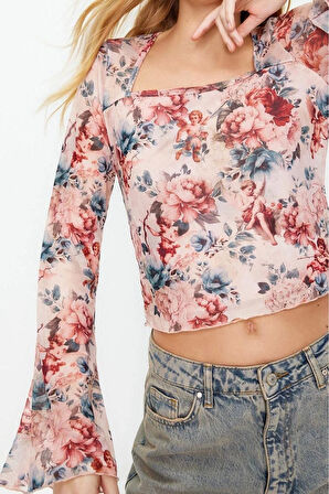 Moda Kare Yaka Örme Slim Fit Baskılı Desen Casual Günlük Crop Uzun Kol Bluz