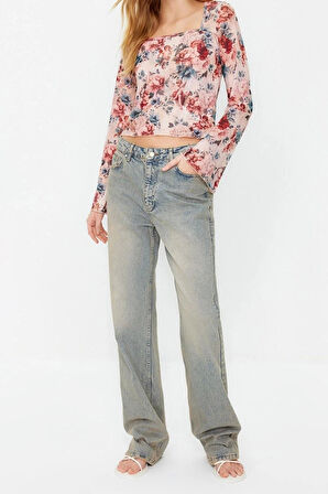 Moda Kare Yaka Örme Slim Fit Baskılı Desen Casual Günlük Crop Uzun Kol Bluz