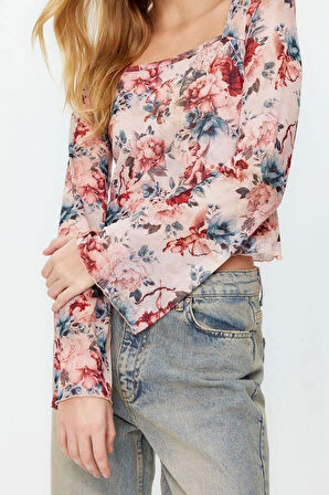 Moda Kare Yaka Örme Slim Fit Baskılı Desen Casual Günlük Crop Uzun Kol Bluz