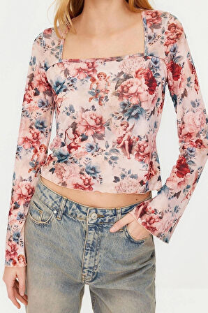 Moda Kare Yaka Örme Slim Fit Baskılı Desen Casual Günlük Crop Uzun Kol Bluz