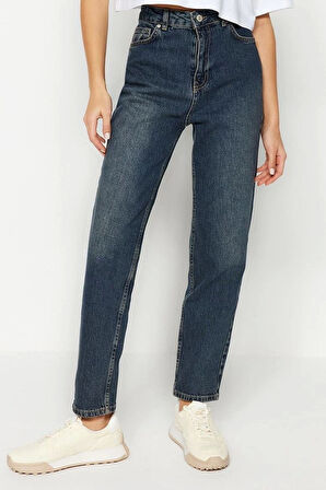 Stil Kadın Moda Denim Kot Pantolon Regular Boru Paça Mavi Yüksek Bel Slim Mom Jeans