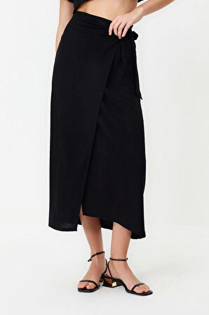 Moda Regular Düz Desen Günlük Maxi Boy Bağlamalı Viskon Dokuma Etek
