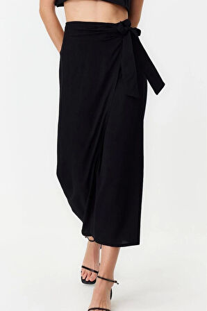 Moda Regular Düz Desen Günlük Maxi Boy Bağlamalı Viskon Dokuma Etek
