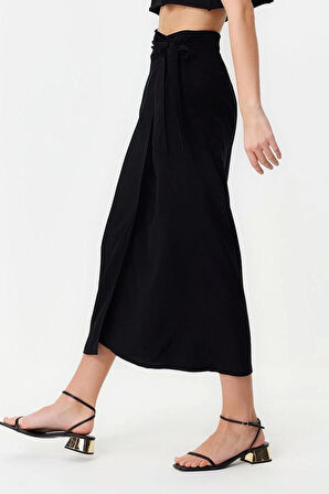 Moda Regular Düz Desen Günlük Maxi Boy Bağlamalı Viskon Dokuma Etek