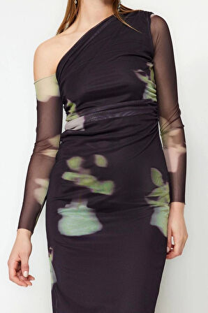 Moda Fit Şık Abiye Gece Tül Örme Asimetrik Yaka Uzun Kol Bodycone Midi Boy Elbise