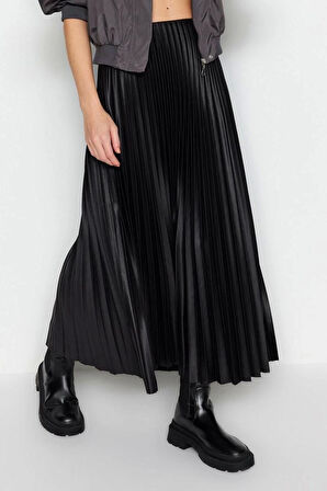 Moda Regular Düz Desen Günlük Maxi Boy Piliseli Maxi Esnek Örme Etek